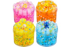 LANUMIONG Slime Kit - 4 Pack Jelly Cube Crunchy Slime Kit, with Mermaid, Ice Cream and Teddy Bear Cute Charms, Soft & Non-Sticky Clear Crunchy Slime, Slime Party Favor for Girls and Boys Stress Relief Toy