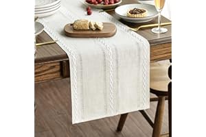 Artoid Mode Beige Rustic Cotton Linen Table Runner, Seasonal Embroidered Hollow Kitchen Dining Table Decoration for Home Party Decor 13x72 Inch