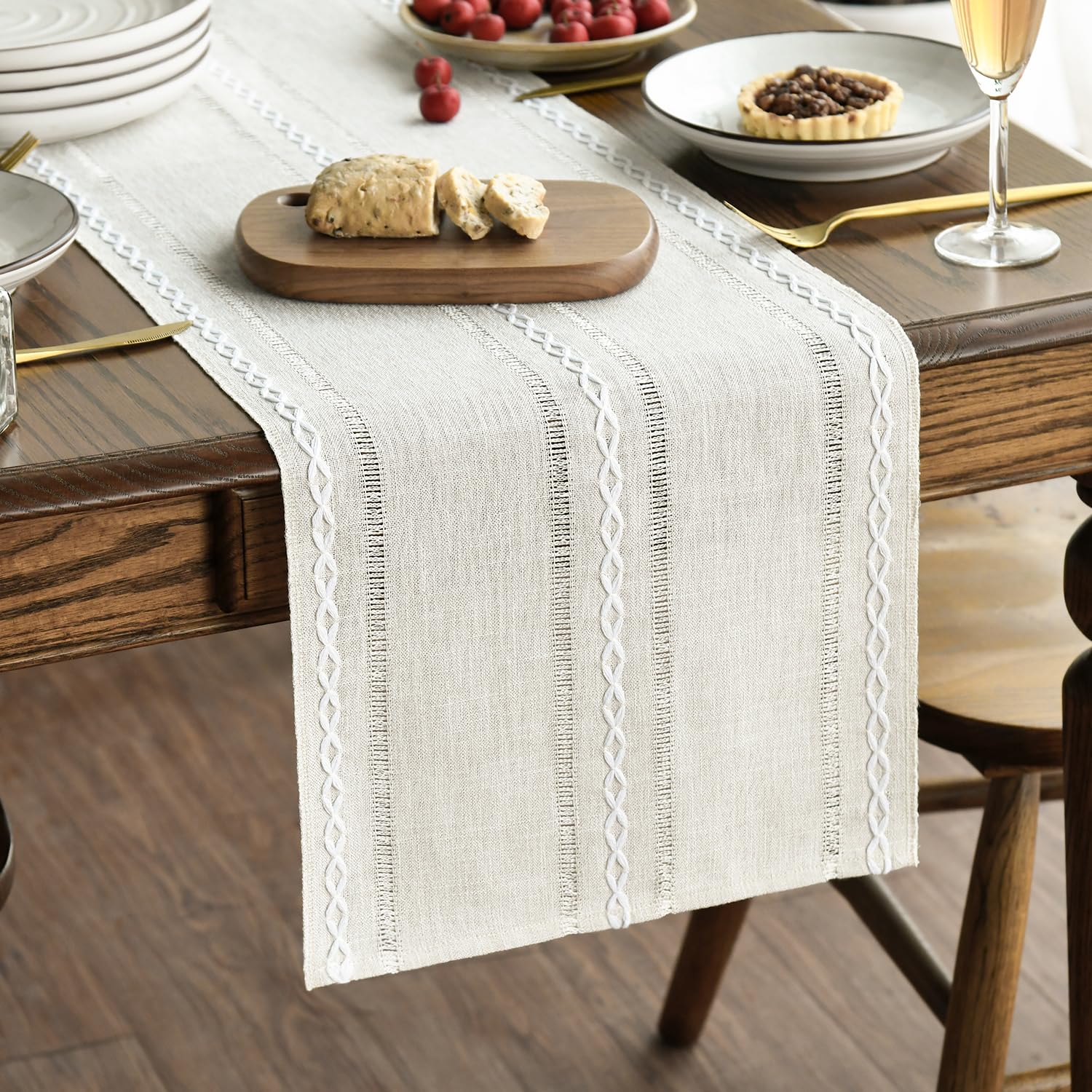Photo 1 of Artoid Mode Beige Rustic Cotton Linen Table Runner, Seasonal Embroidered Hollow Kitchen Dining Table Decoration for Home Party Decor 13x36 Inch