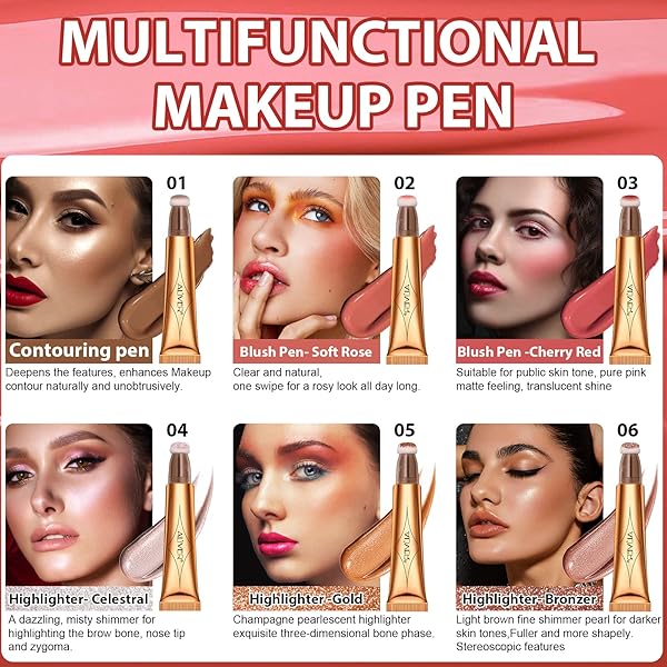 CONTOUR BEAUTY WAND, LIQUID FACE CONCEALER CONTOURING WITH CUSHION APPLICATOR, GEL CREAM CONTOUR BRONZER STICK WITH A SPONGE TIP, LONG LASTING MOISTURIZE GLIDING FACE MAKEUP (#03 BLUSH PEN-CHERRY RED)