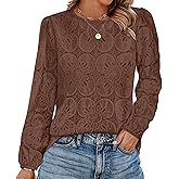 OFEEFAN Blouses for Women Dressy Casual Spring Tops 2026 Summer Outfits Flower Lace Crochet Long Sleeve Shirts