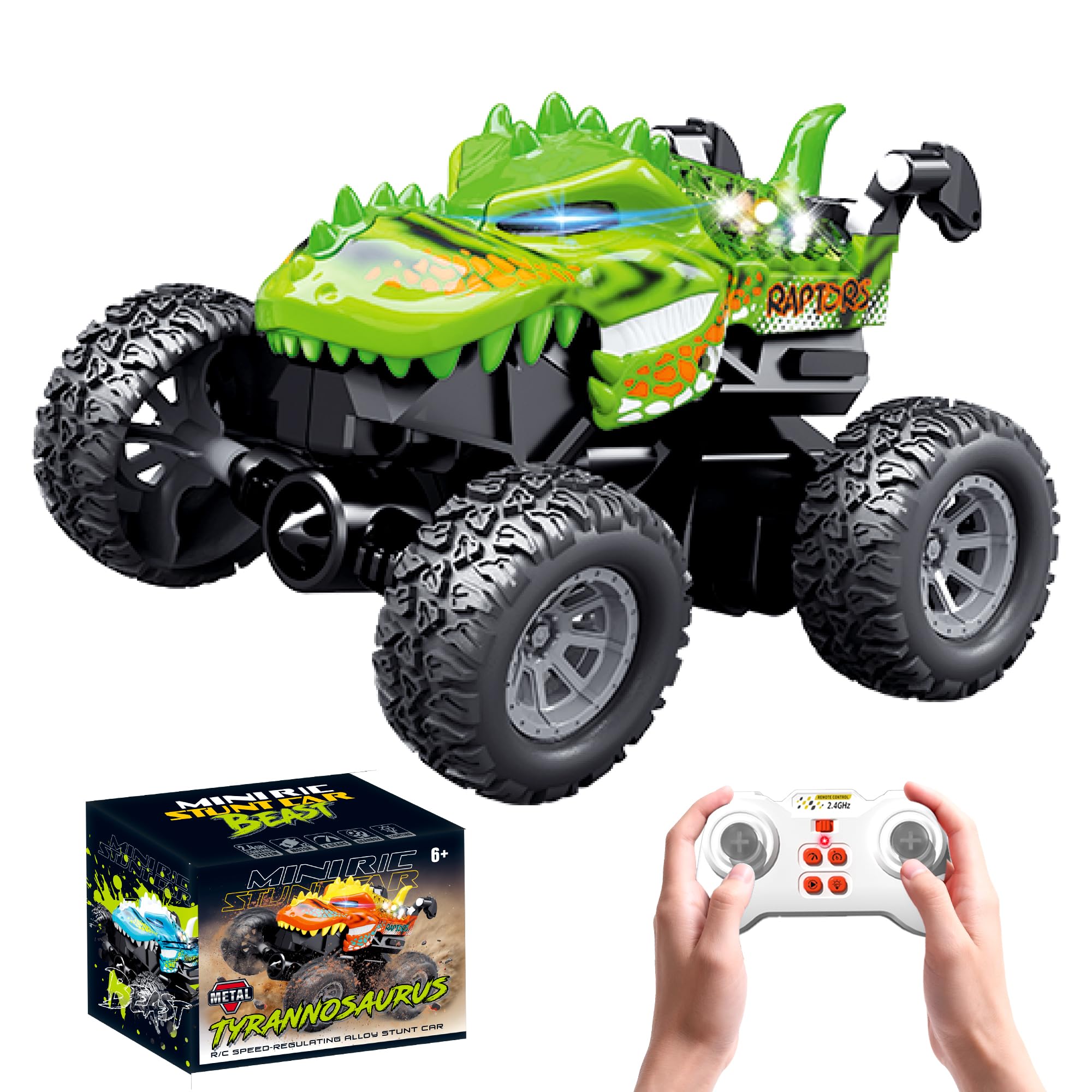 Photo 1 of MOONTOY Dinosaur Remote Control Car, Mini Remote Control Truck with 360° Spins, 2.4GHz Rc Car with Lights and Rechargeable Batteries, Metal Body Monster Truck Toys for Kids and Adults(Green)