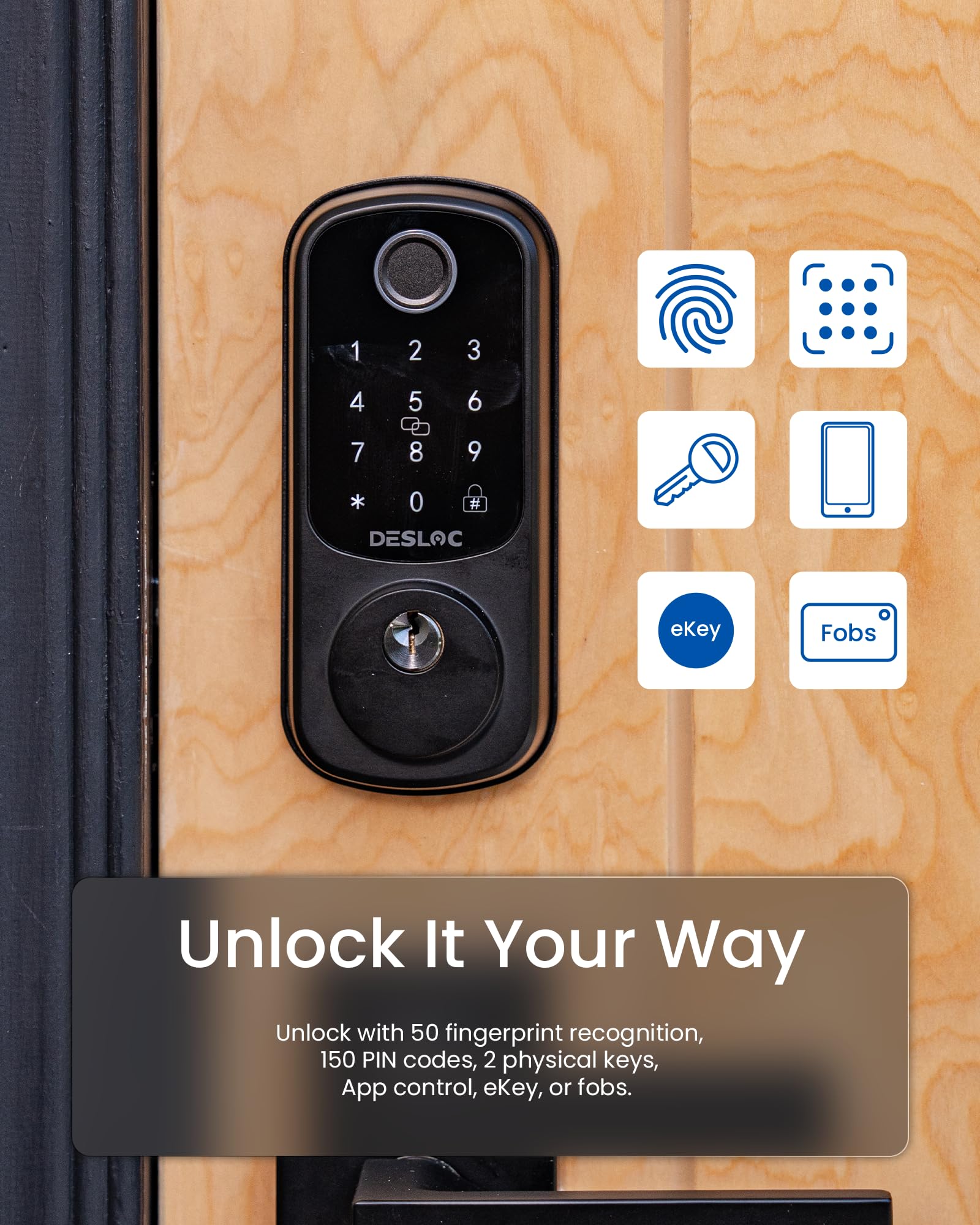 DESLOC Smart Door Lock B200, Smart Deadbolt Lock, Keyless Entry Door Lock, Fingerprint Smart Lock, Smart Locks for Front Door, App Control, Touchscreen Keypad Deadbolts,12-Month Battery, BHMA Grade3