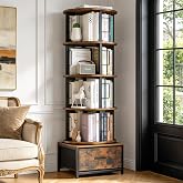 Housolution 5 Tier Rotating Bookshelf Tower with Storage, Rustic Brown | 360&deg; Spinning Bookcase with Fabric Drawer, Round Revolving Book shelf Organizer, Narrow Swivel Bookshelves for Small Space