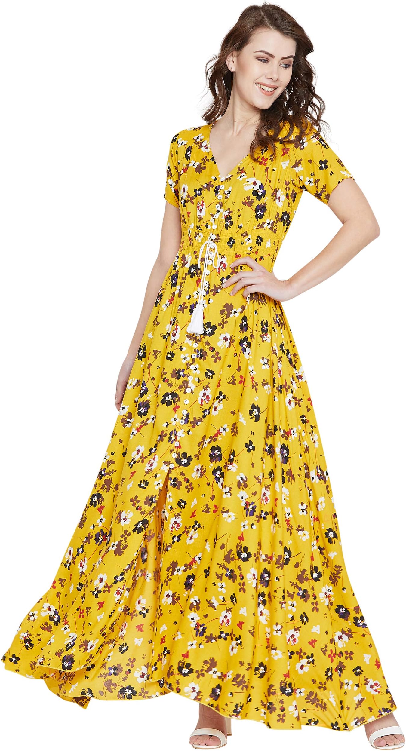 Smocked Paisley Short Sleeves Print Casual Maxi Dress | Polyester
