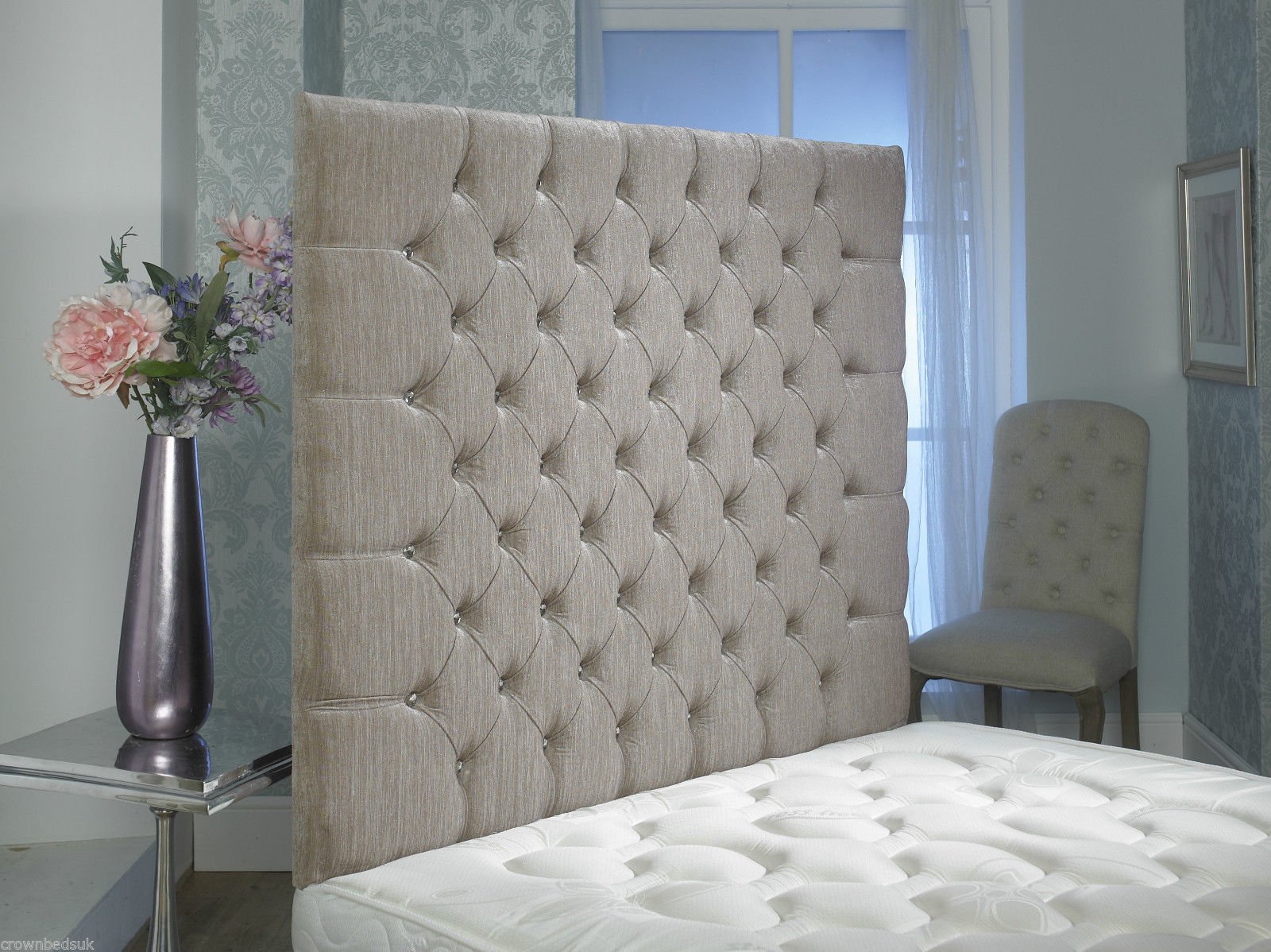 CROWNBEDSUK CHESTERFIELD WALL HEADBOARD CHENILLE IN 2ft6,3ft,4ft,4ft6,5ft,6ft 36'' OR 44 '' HEIGHT MATCHING BUTTONS (2FT6 SMALL SINGLE 36, Sand) โ image 1