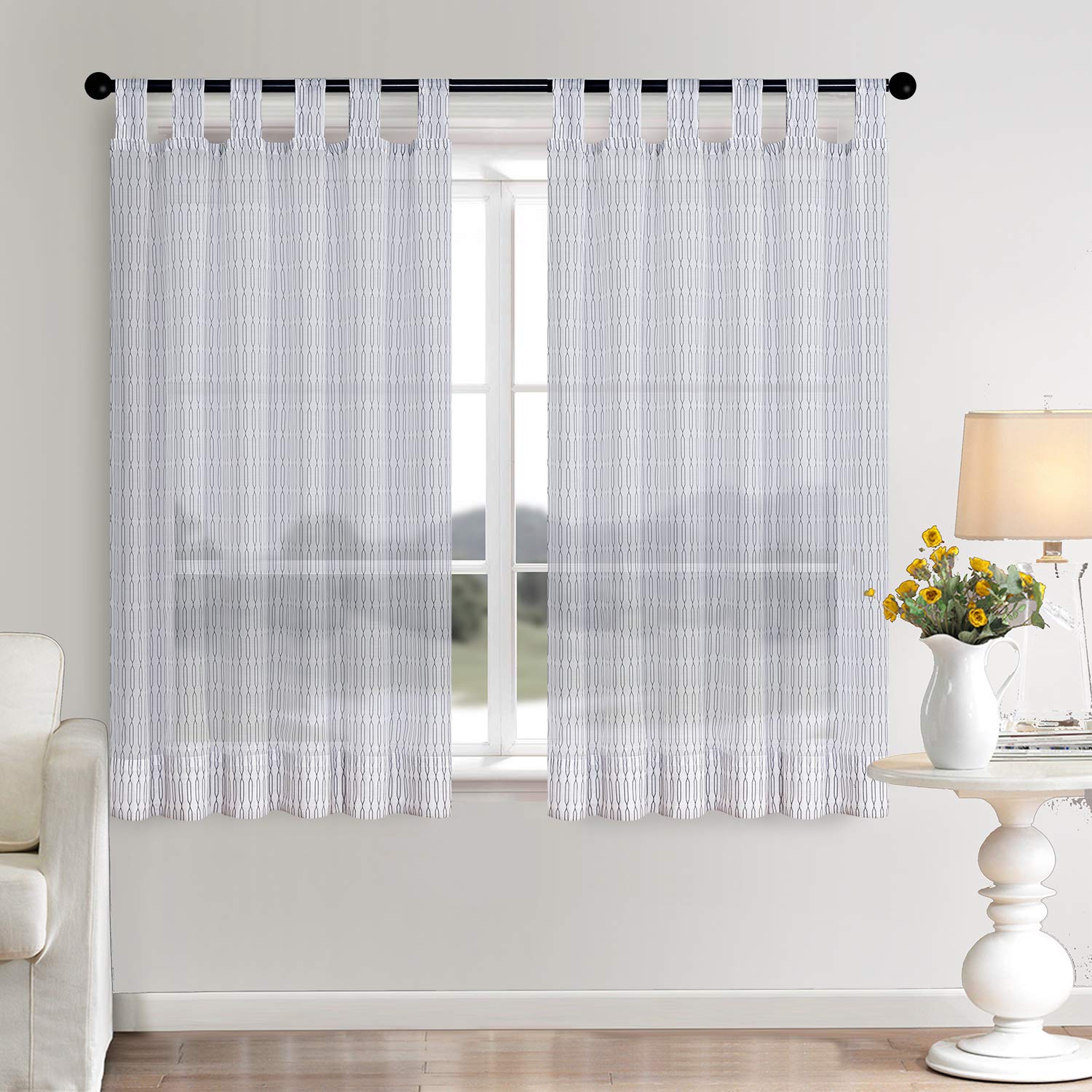 Megachest sheer Voile Tab Top Curtain (cotton-look printed diamonds, 56" wideX81 drop(W142cmXH206cm))