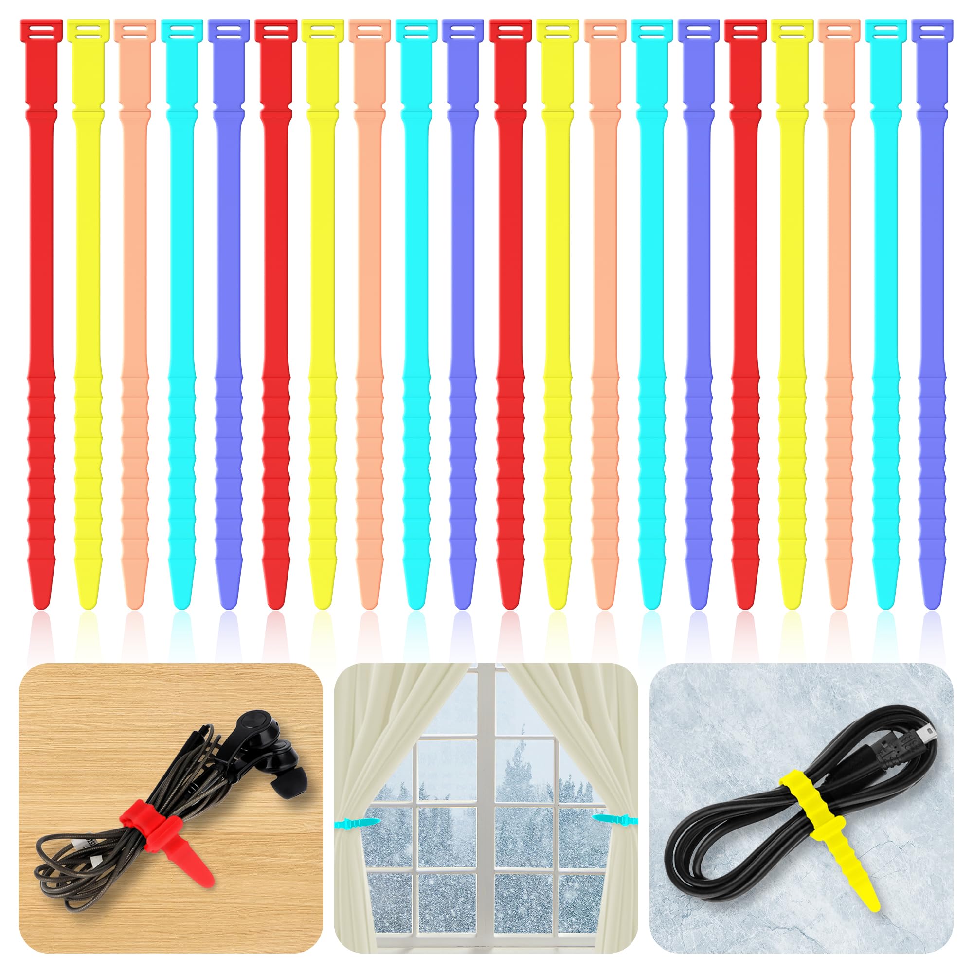 Silicone Cable Ties 7inch Reusable Cable Ties, 20pcs Reusable Zip Ties Elastic Silicone Cord Organizer Straps Ties for Charging Cables USB Cables Earphones Cable Audio(18cm, 20pcs, Warm-Color) — image 1