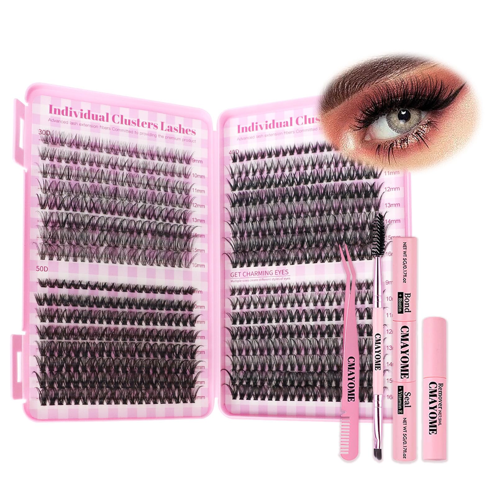 Eyelash Extension Kit 640pcs Individual Eyelashes Kit Cluster Lashes Individual CLuster 9-16mm DIY Eyelash Extension Kit with Lash Bond and Remover, Tweezers, Double-Ended Brush (30D-40D-50D)