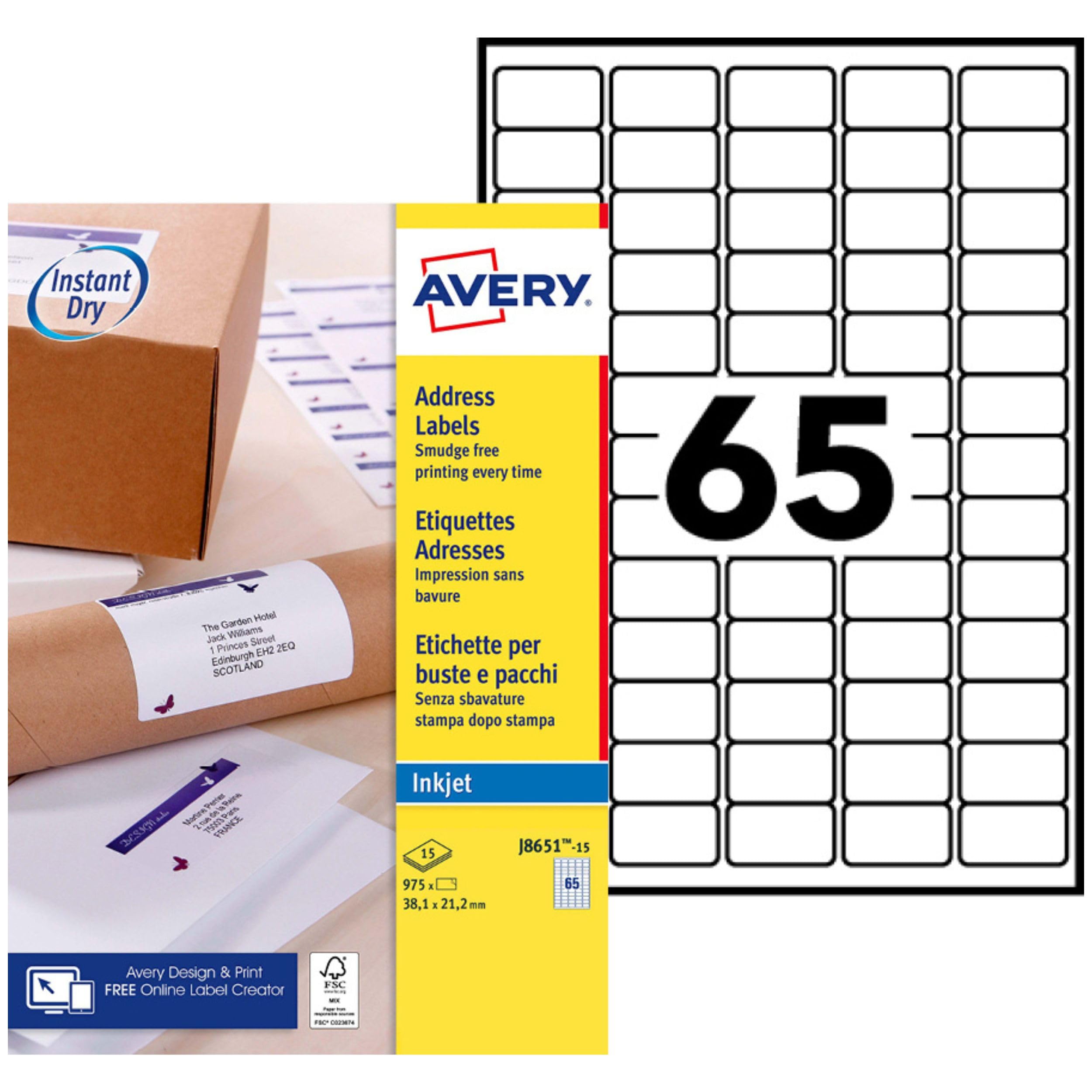 Avery - Pack of 975 Mini White Address Labels 38.1 x 21.2 mm Inkjet (J8651-15) Avery