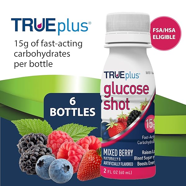 TRUEPLUS GLUCOSE SHOT, MIXED BERRY, 15G FAST-ACTING CARBOHYDRATES, FAT FREE, GLUTEN FREE, BOOST ENERGY, 6 PACK