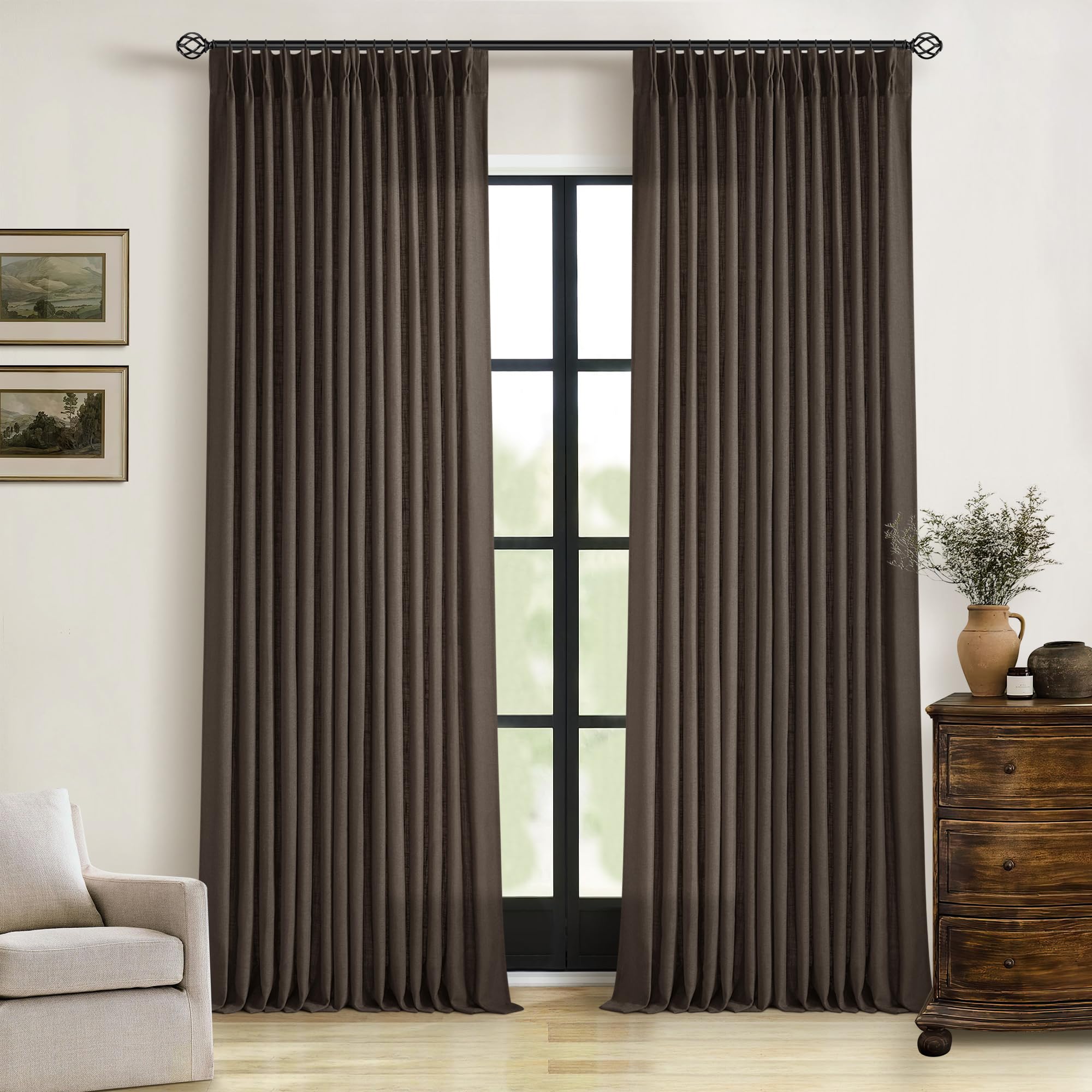 Photo 1 of TWODRAPES Dark Chocolate Pinch Pleated Linen 120 Inch Curtains 2 Panels for Living Room Bedroom Memory Training Shaped Semi Sheer Pleat Drapes with Hooks Rings Light Filtering Window Curtain 40x120