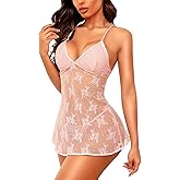RSLOVE Lace Babydoll Lingerie for Women - Sexy Chemise Mesh Sleepwear Nightgown V neck Nightwear Outfit Strap Dress Nighty