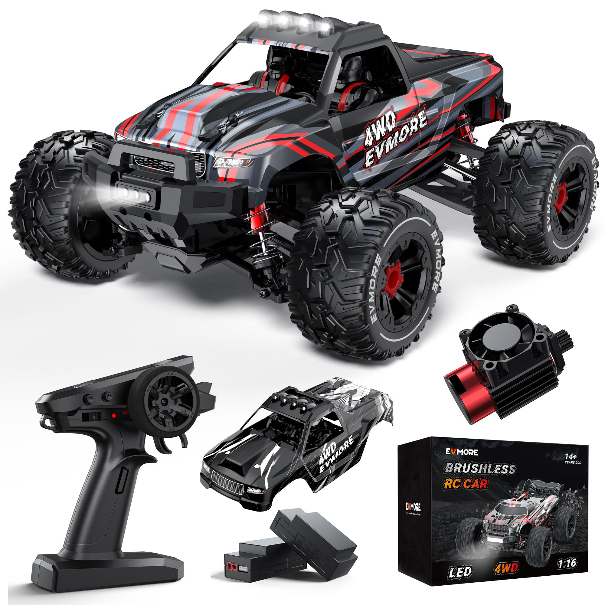 Evmore 1:16 Brushless Fast RC Car for Adults, 55KM/H High Speed Remote Control Truck, 4WD RC Monster Truck Toys for All Terrain with LED Lights, RC Vehicle Car Boys Gift, 2 Batteries