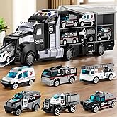 NIPLOOOW Police Trucks Toy Set with Play Mat, Carrier Truck Play Vehicles Set for 3 4 5 6 Years Old Boys Kids, Die-Cast Car Toy for Toddlers 3-4 Years, Birthday Gifts Toys for 3-9 Year Old Boys