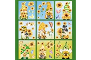 WHALINE Waline Summer Window Clings - Sunflower Gnome Double-Sided Window Cling Sticker Watercolor Butterfly Flower Decal PVC Sticker Decoration for Spring Summer Fall School Home Office Decor, 9 Sheets
