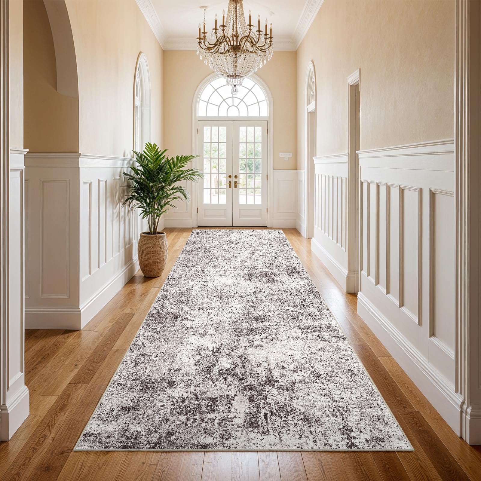 4x10 Washable Hallway Runner Rug - Wide Kitchen Runners Modern Abstract Low Pile Carpet Soft Thin Floor Mat with Non-Slip Rubber Backing for Entryway Living Room Bedroom Home Decor (Gray Cream,4x10) Image