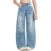 EXARUS Girls Jeans Baggy Wide Leg Cute Teen Denim Pants Junior Mid Rise Elastic Band with Pockets Casual Clothes