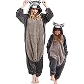 DELEY Unisex Raccoon Onesie Pajamas, Flannel Animal One Piece Costume Sleepwear Halloween Cosplay Homewear