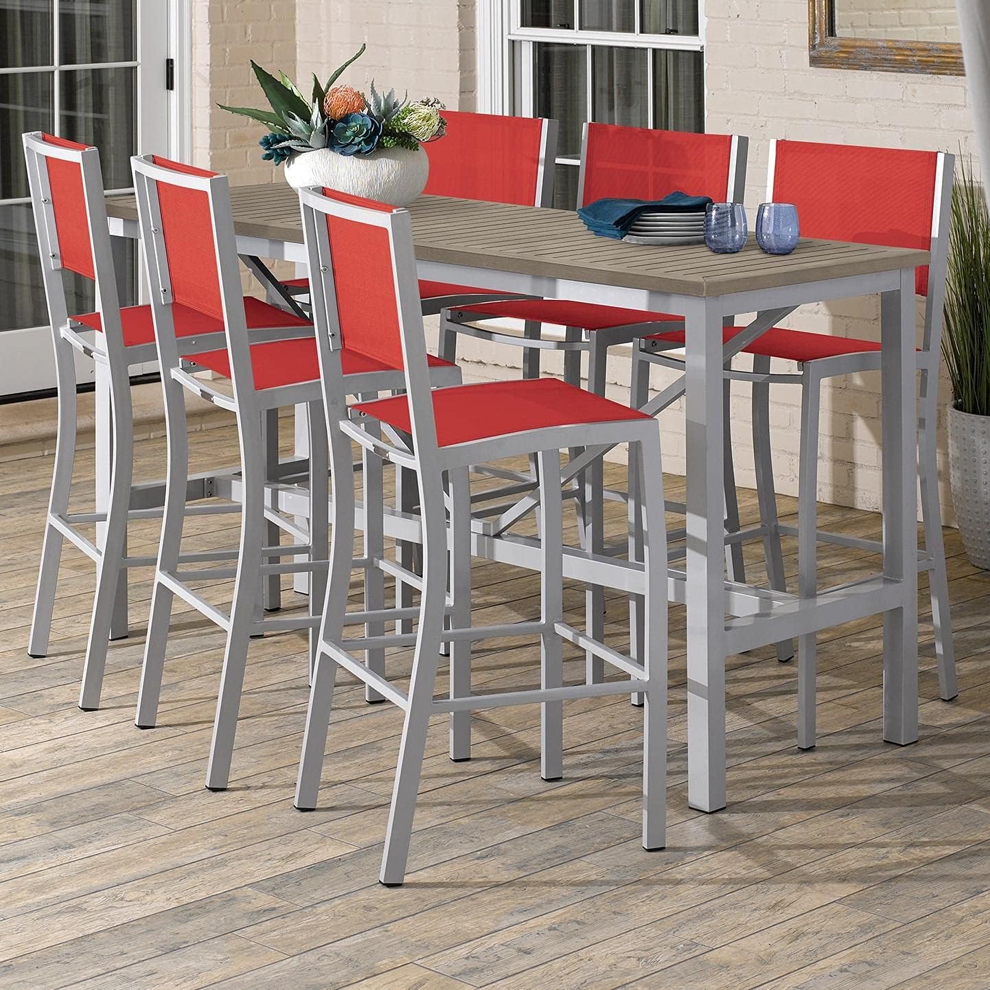 Oxford Garden Travira 7 Piece Aluminum Patio Bar Set W/ 72 X 30 Inch Rectangular Tekwood Vintage Table Red Sling: Garden & Outdoor