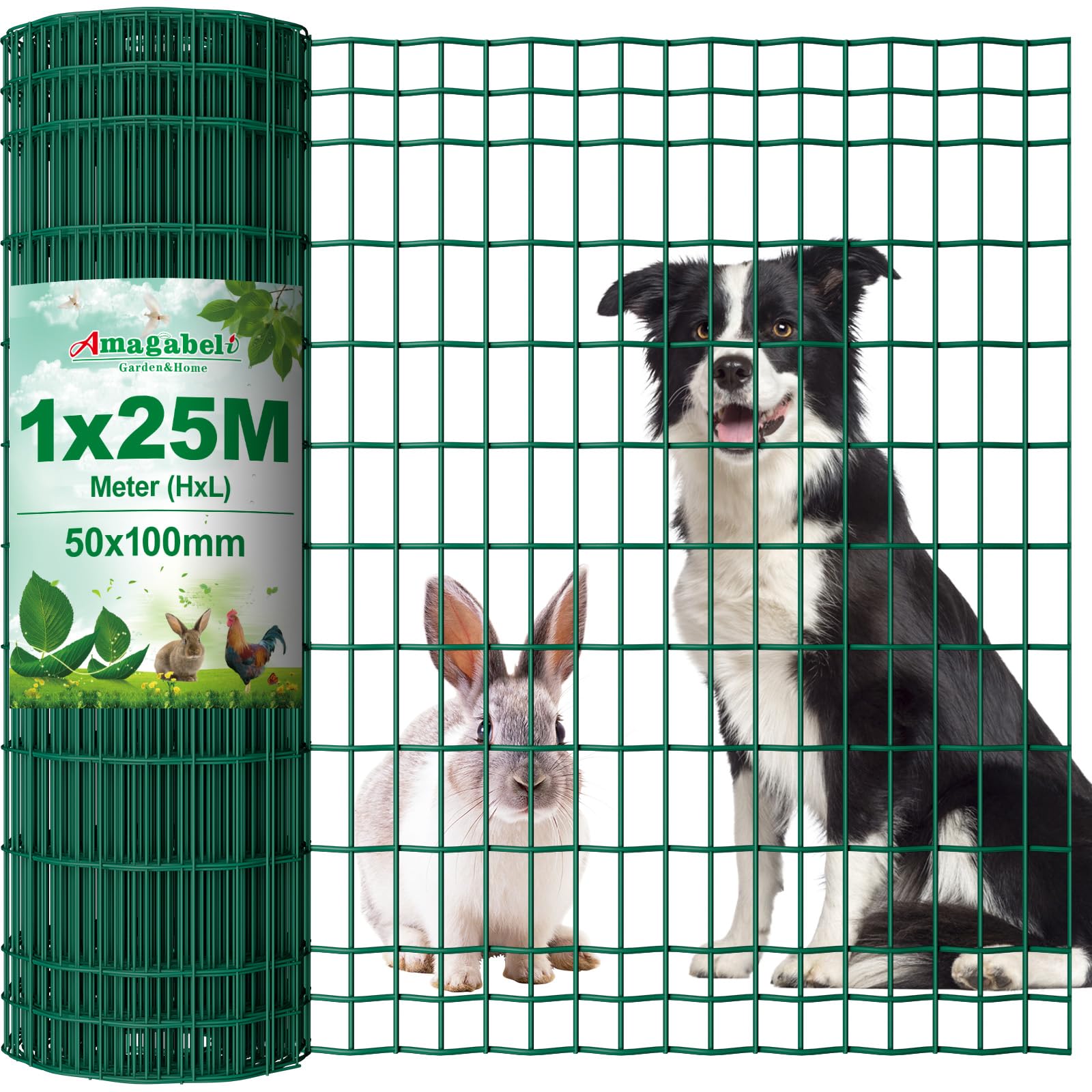 Amagabeli Garden Home 1M X 25M Green Wire Mesh Fencing RAL6005 PVC Coated 50 x 100mm Mesh Size 2.1mm Wire Diameter Galvanized Wire Fence Poultry Netting Chicken Wire Hardware Cloth