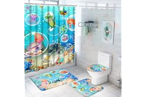 Alishomtll 4 Pcs Kids Ocean Shower Curtain Set with Non-Slip Rug, Toilet Lid Cover and Bath Mat, Funny Sea Fish Shower Curtain with Hooks, Cartoon Shower Curtains for Bathroom Decor