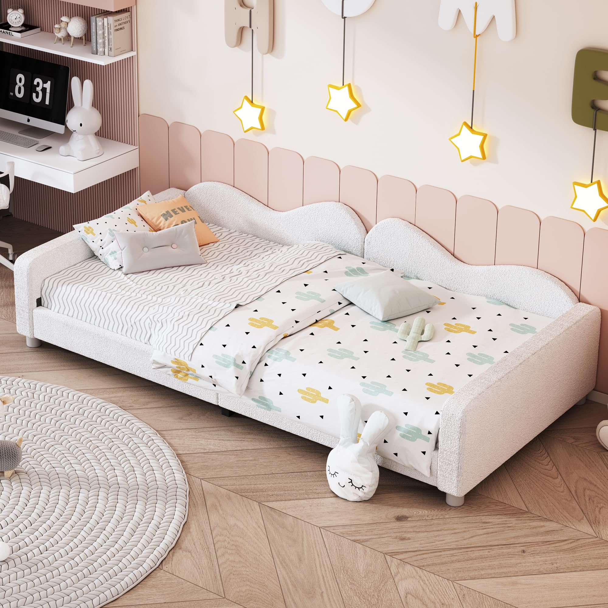 Photo 1 of Merax Twin Size Upholstered Daybed, Sherpa Fabric Sofabed with Cloud-Shaped Backrest, No Box-Spring Needed, White