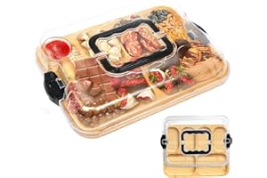 6 Compartment Bamboo Charcuterie Board with Lid & Carry Handle, Cheese Board with Buckle Locking, Gifts Ideals for Couples, W