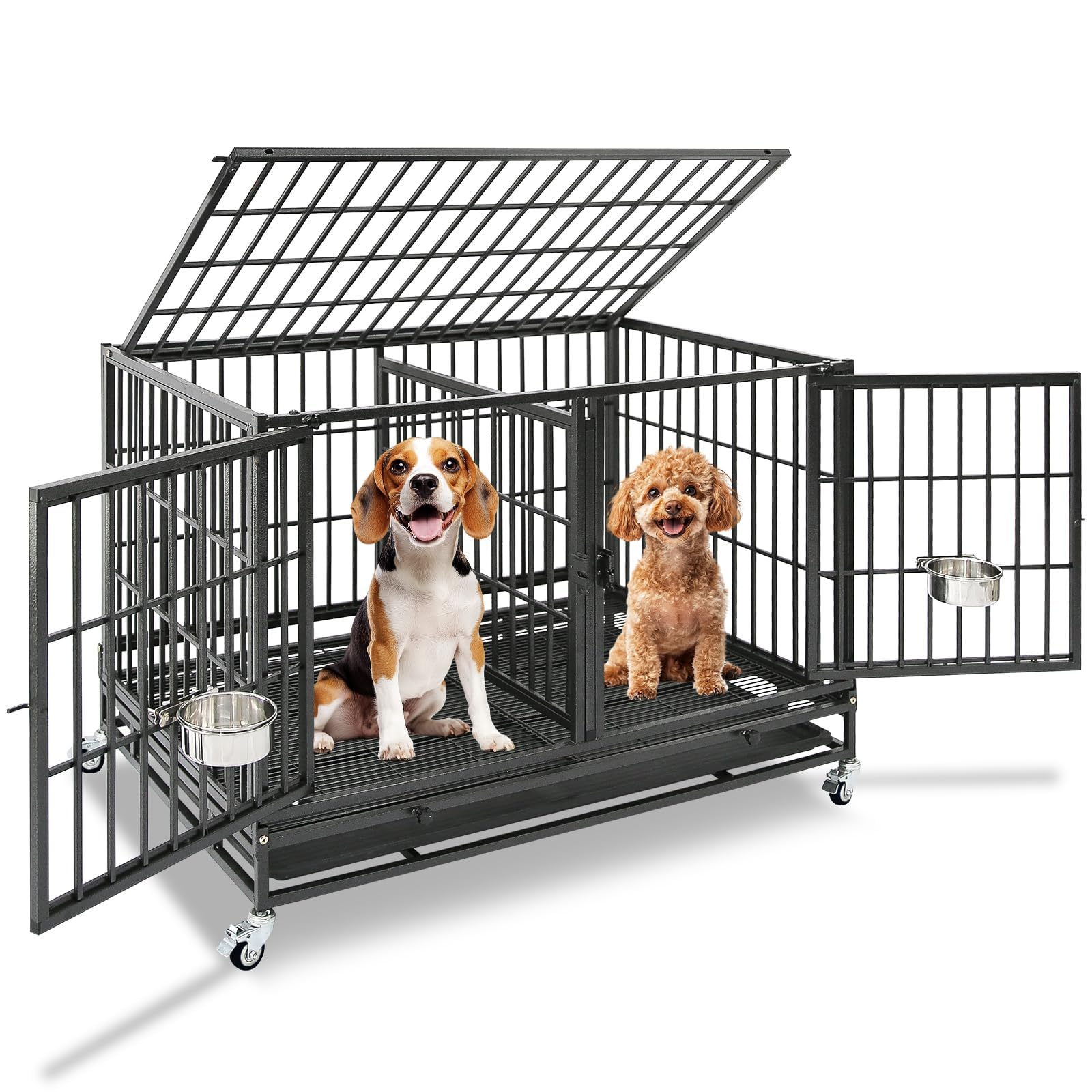 Photo 1 of **MISSING PARTS**
Homey Pet 43 Inch Dog Crate, Heavy Duty Stackable Dog Crate Cage Kennel for Medium Dogs with Divider, Bowls, 3 Door, Removable Grid & Tray, 4 Lockable Wheels, Breeding & Grooming Drop Cages for Dogs