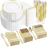YOUBET 700PCS Gold Plastic Dinnerware Set - White and Gold Disposable Plates for 100 Guest - 200 Disposable Plates, 300 Heavy Duty Plastic Silverware, 100 Cups,100 Napkins for Wedding