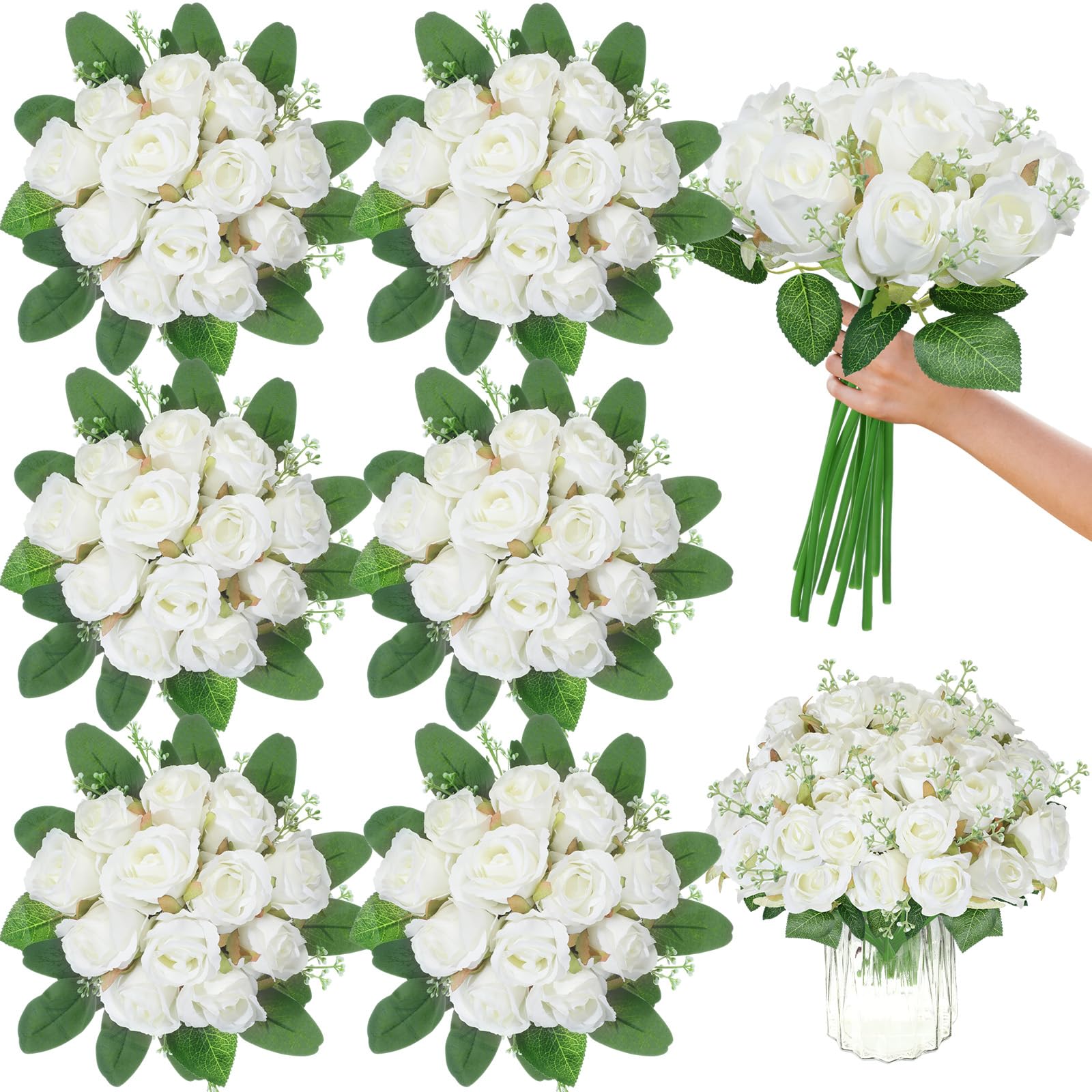 Photo 1 of Tigeen 108 Pcs Artificial Silk Rose Bouquet Flowers Bulk Fake Roses with Stem Plastic Realistic Faux Floral for Spring Craft Wedding Bridal Shower Table Centerpieces Party Vase Garden Decor(White)