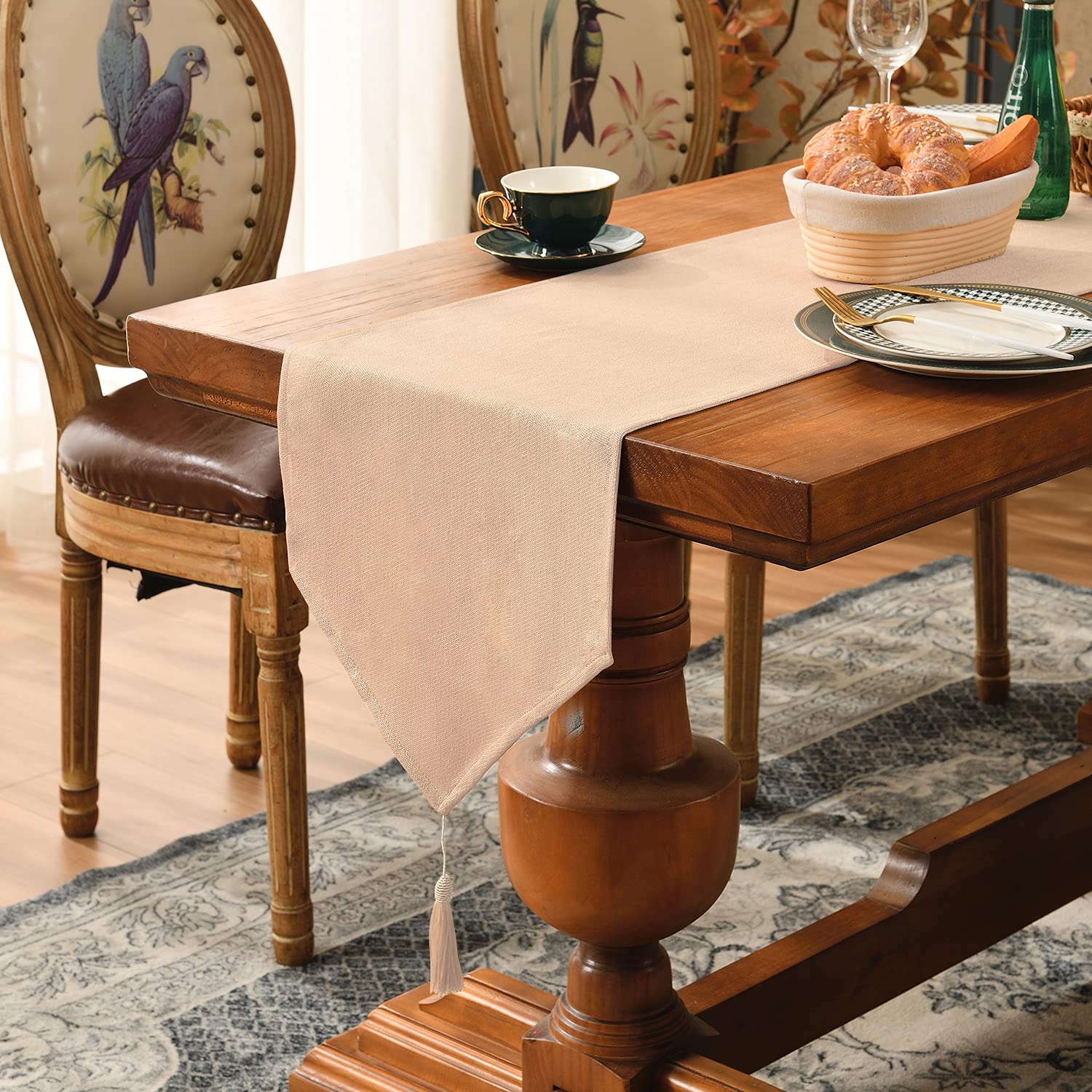 SEASHORE TREE Brilliant Faux Linen Table Runner Waterproof Kitchen Table Runners Dresser Scarf With Tassel for Wedding Party Holiday Dining Decor (Pink Beige 35×300 cm)