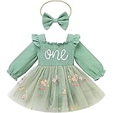 ODASDO Baby Girls First Birthday Outfit Sqaure Neck Ruffle Long Sleeve Tulle Tutu Romper Dress with Bow Headband
