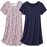 Olankaro Women's Nightgown 2 Pack Nightshirts Short Sleeves Sleepwear Soft O Neck Nightdress