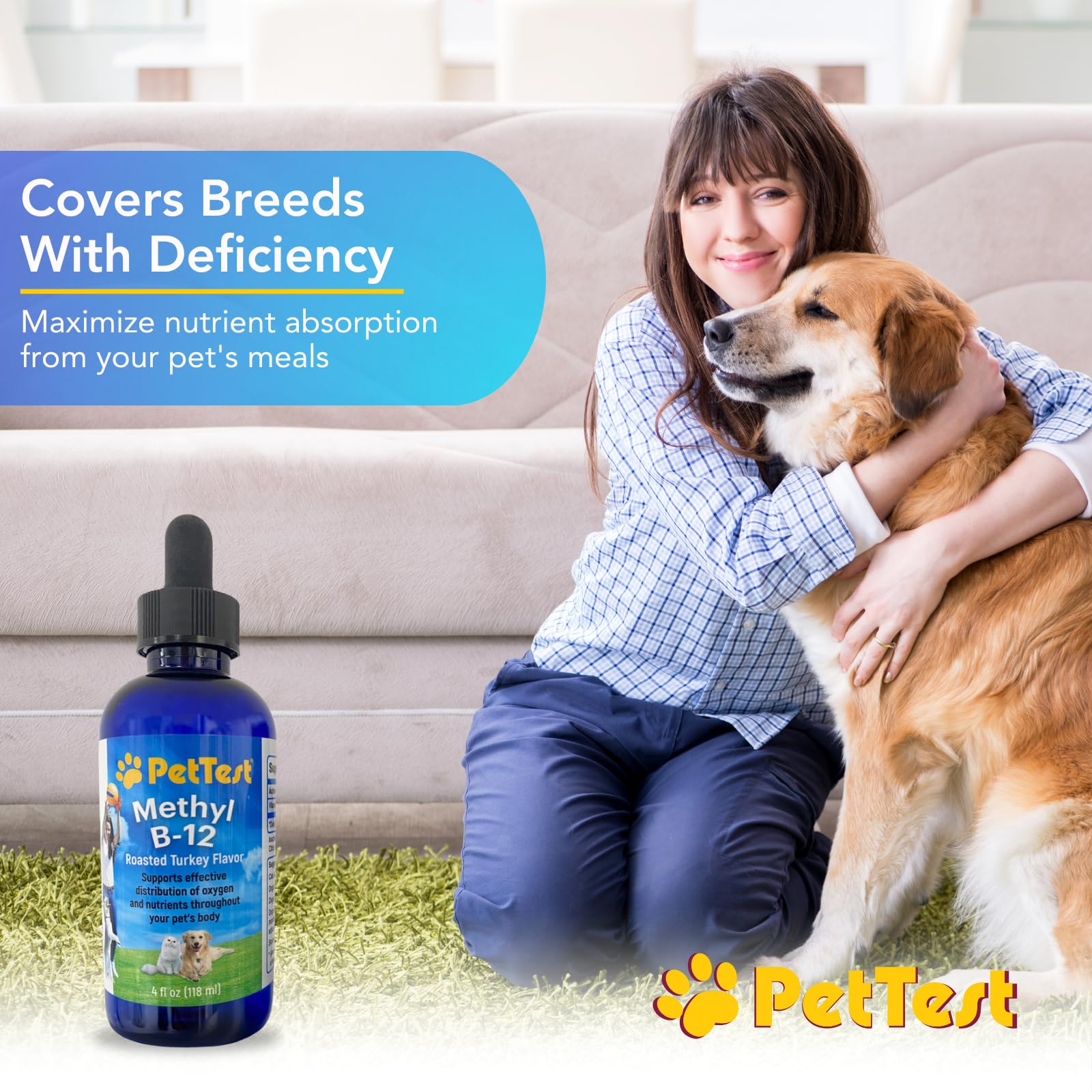 PetTest Methyl B12 Vitamin Liquid Drops 4fl oz (5000 MCG) Supplement with Methylcobalamin for Diabetic Pets, Maximum Absorption to Increase Energy for Dogs and Cats