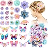 Bencailor 30 Pcs Flower and Butterfly Hair Clips for Women Realistic Flower Butterfly Head Accessories Colorful Hair Barrettes for Bride Wedding(Blue, Purple)