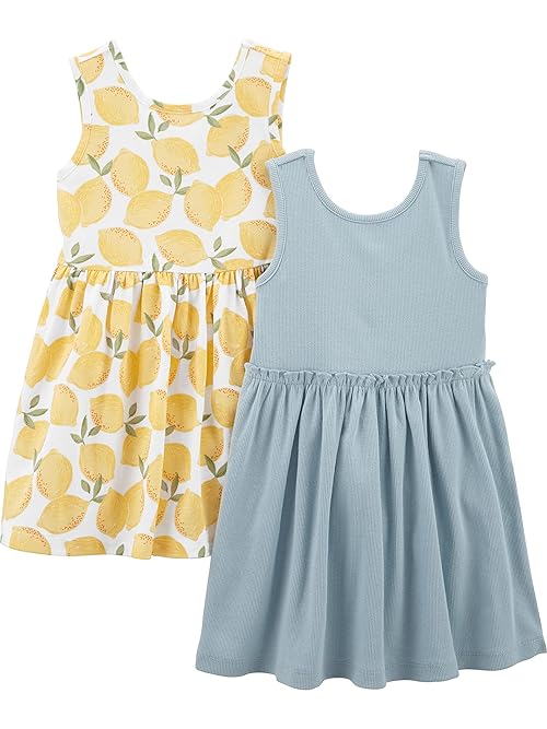 Simple Joys by Carter's Girls' Short-Sleeve and Sleeveless Dress Sets, Pack of 2, Dusty Blue/White Lemon, 5
