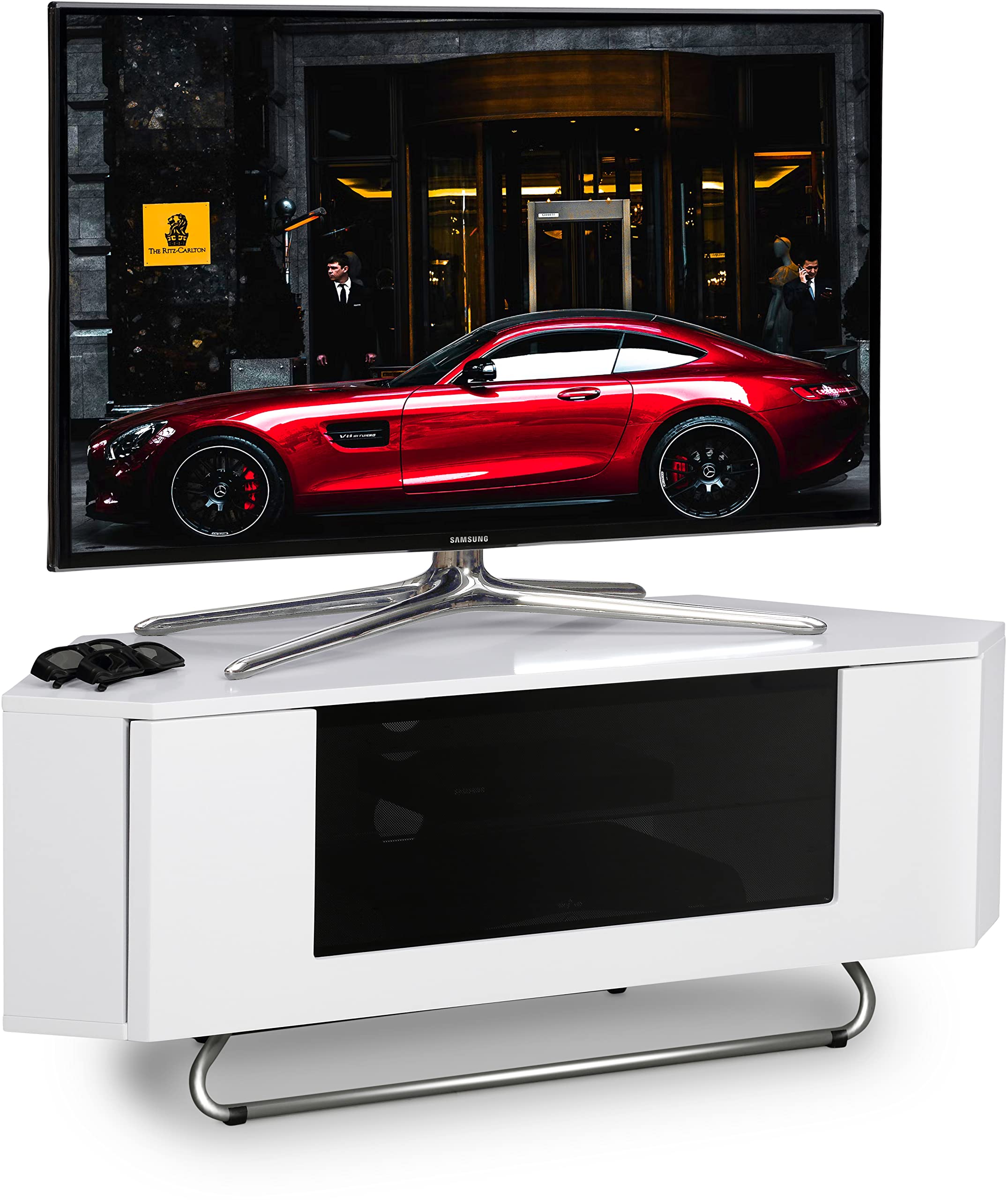 Centurion Supports Hampshire Corner-Friendly Gloss White with Black Contrast Beam-Thru Remote Friendly Door 26"-50" Flat Screen TV Cabinet