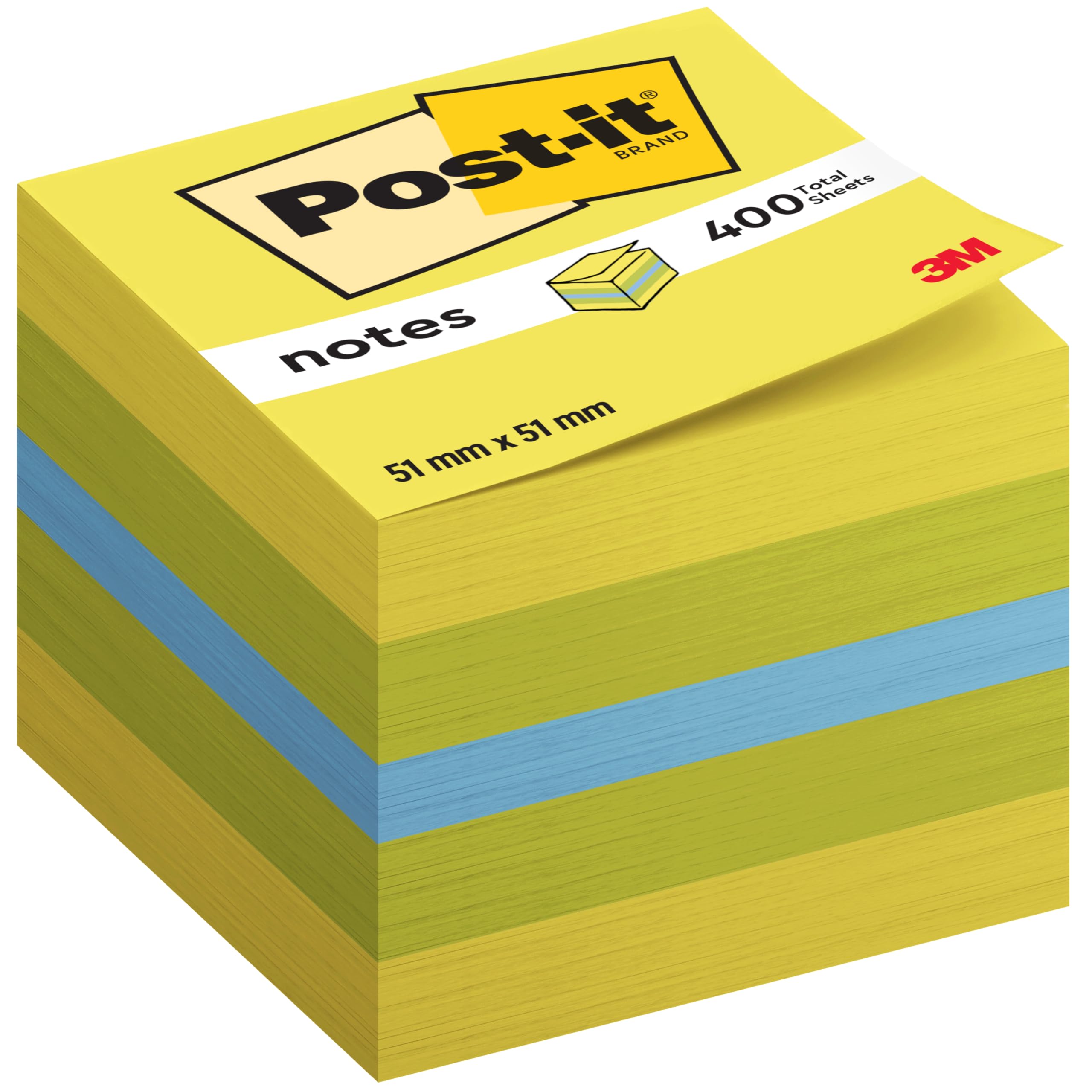 Post-it Notes - Mini Cube - Neon Yellow, Ultra Green, Ultra Blue, Ultra Green, Neon Yellow - 400 Sheets - 51 mm x 51 mm