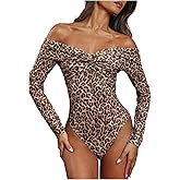 SweatyRocks Women's Sexy Leopard Print Bodysuit Off The Shoulder Ruched Wrap Leotard Going Out Tops