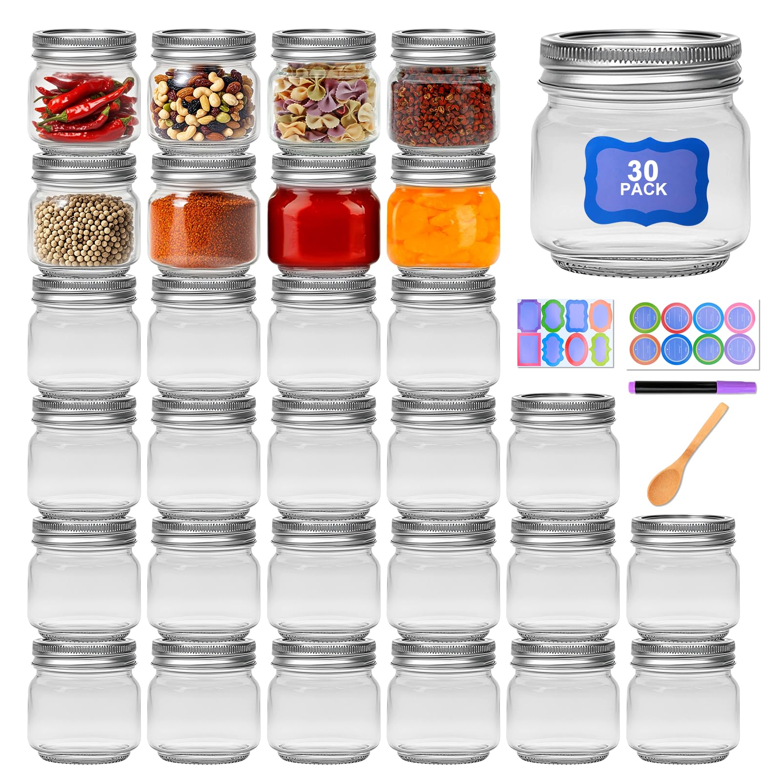 Photo 1 of 8 oz Mason Jars 30 Pack?Small Glass Containers with Lids?8oz Mason Jars with Lids,Canning Jars,The set includes 1 wooden spoons, 8 stickers, and a purple pen?Ideal for jams, spices, candy