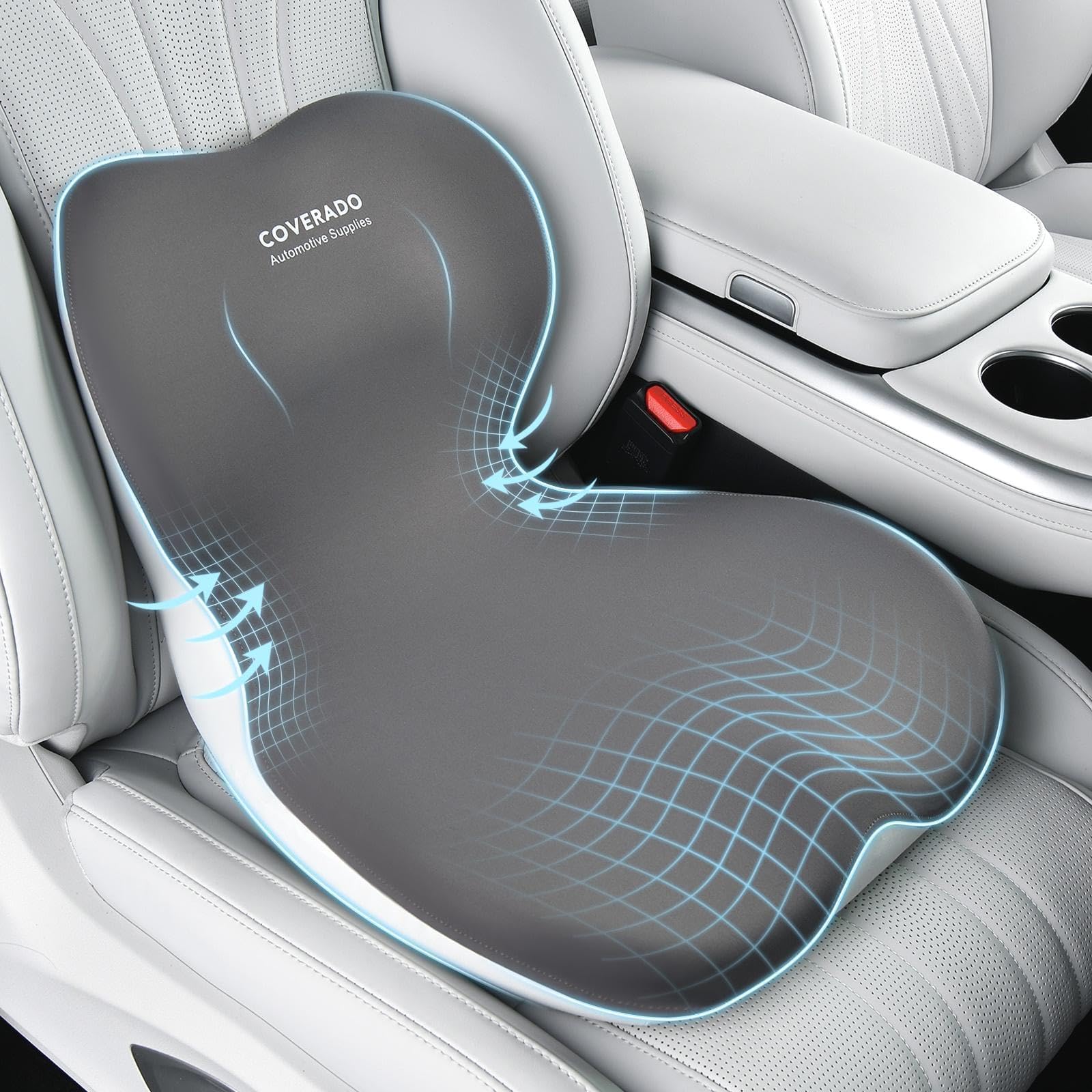 Photo 1 of Coverado Seat Cushion and Lumbar Support Pillow One Piece for Car Office Chair, Ergonomic Memory Foam Desk Chair Cushion Back Support Pillow, Sciatica & Back & Tailbone Pain Relief Cushion-Gray