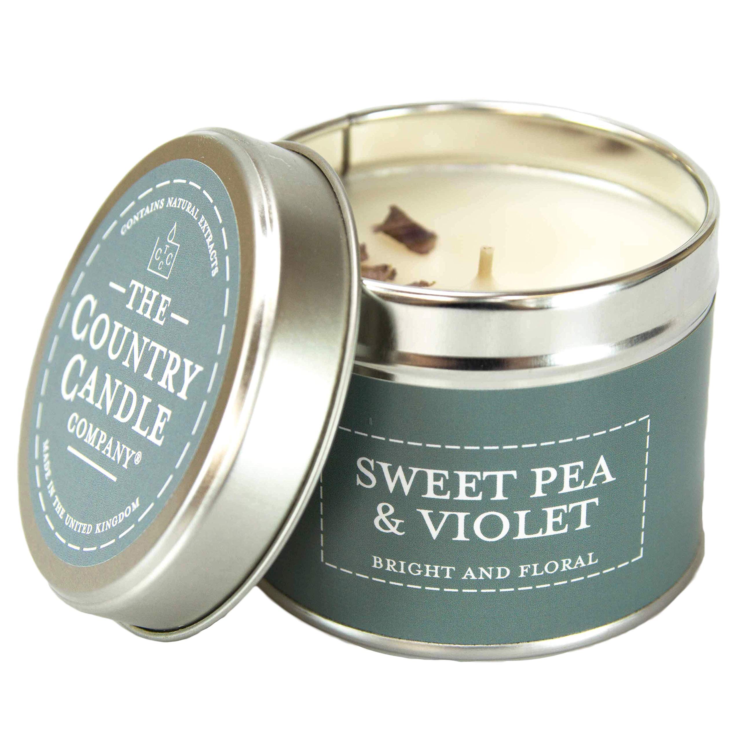 The Country Candle Company Pastels Tin Candle – Sweet Pea and Violet Scented, Up to 35 Hours Burn Time