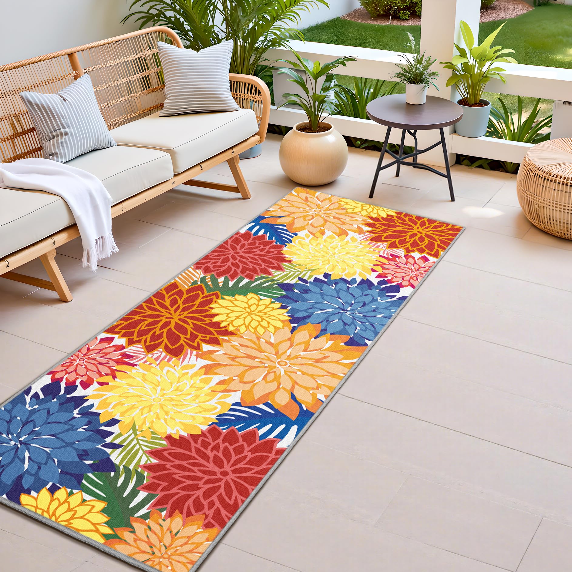 Photo 1 of Area Rug 2x6 Washable Rug Multicolored Tropical Botanical Modern Floral Outdoor Carpet Non Slip for Patio, Deck, Backyard, Porch