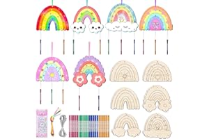 TREACLUB 12 Pack Wind Chime Crafts for Kids, Make Your Own Boho Rainbow Wind Chime Kit DIY Coloring Wooden Craft Unfinished Rainbow Wood Ornaments for Girls Boys Birthday Gifts