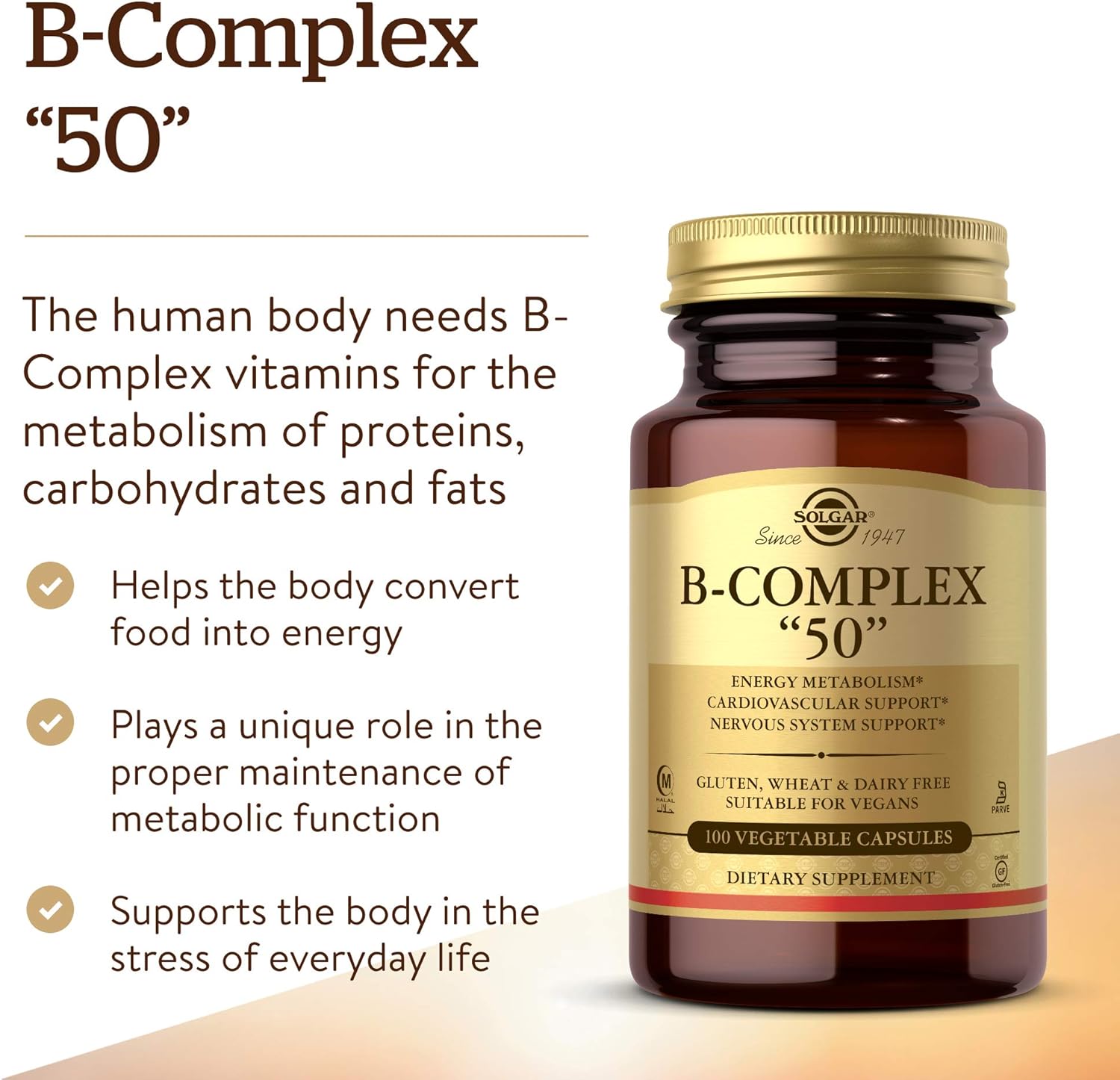 Solgar B-Complex “50”, 100 Vegetable Capsules - Energy Metabolism, Cardiovascular Support, Nervous System Support - Non-GMO, Vegan, Gluten Free, Dairy Free, Kosher, Halal - 100 Servings: Health & Personal Care
