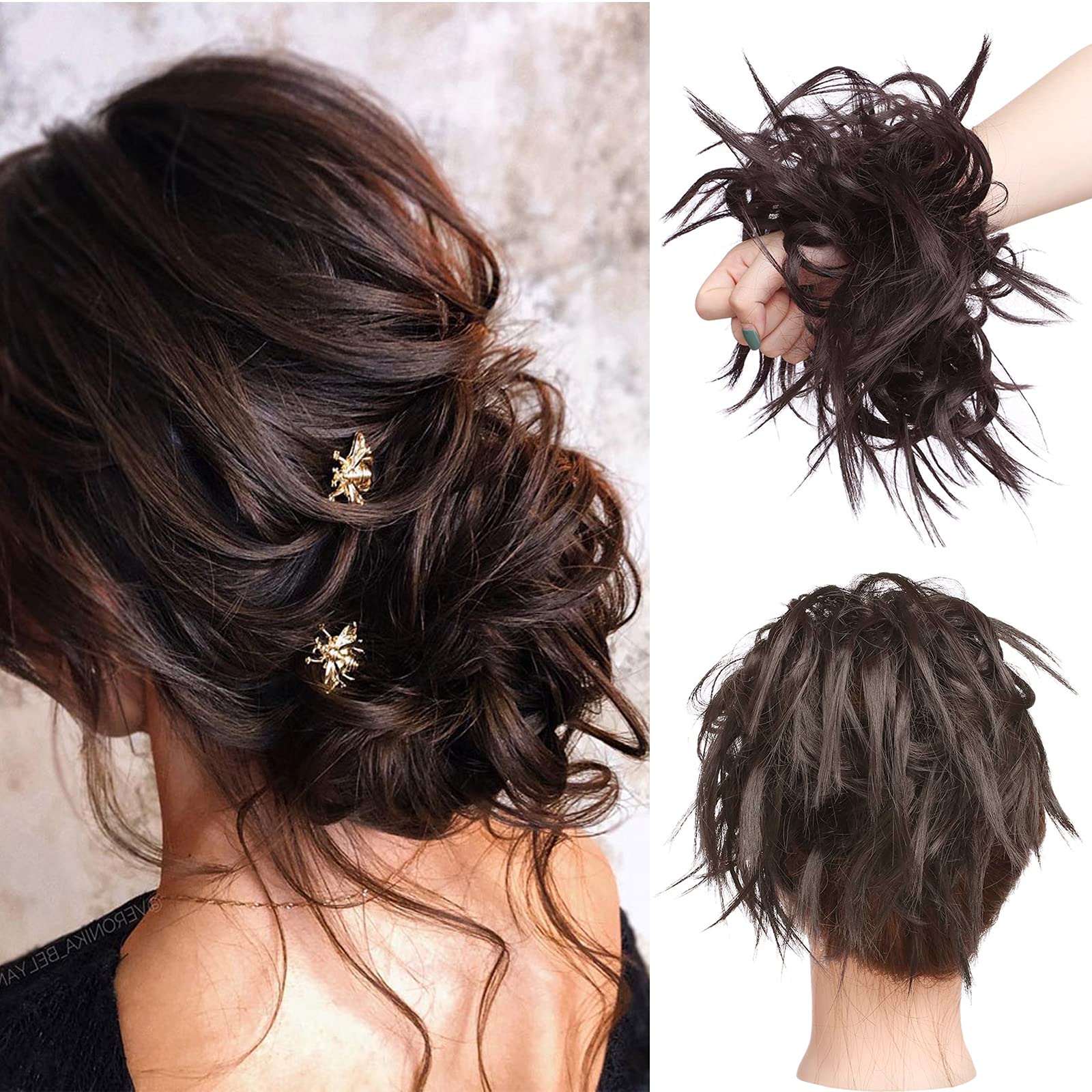 Updo Hair Bun Scrunchy Scrunchie Hairpiece Ponytail Extensions Short Curly Messy Donut Chignons Dark Brown [45g]