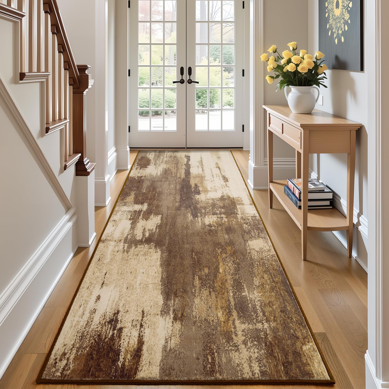 Photo 1 of Washable Runner Rug, 2'6''x8' Kitchen Rugs Brown Long Runner Rugs with Rubber Backing, Abstract Non-Slip Carpet Runners for Hallways, Kitchen, Bedroom, Laundry, Entrance