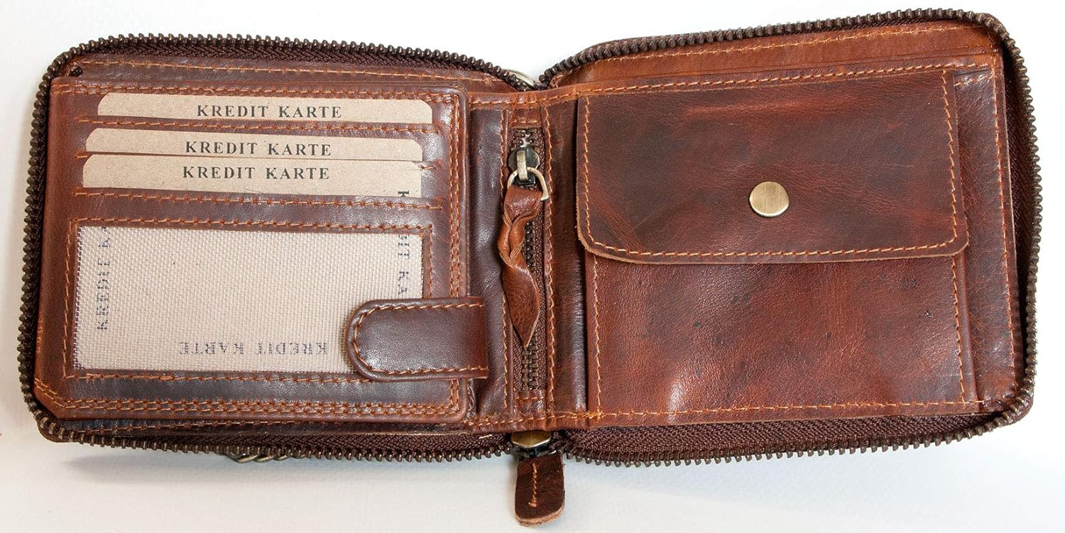 FLW Natural genuine leather biker's wallet with a metal chain with a shark, Brown - Image 3