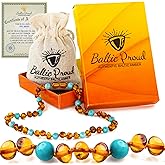 Baltic Proud Amber Necklace (Unisex Cognac Turquoise Polished 12.5 Inches) - Certified Premium Quality Raw Baltic Sea Amber